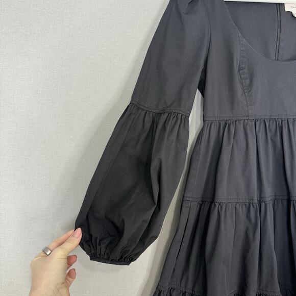 Cinq a Sept Rose Tiered Mini Dress Womens 2 Black Bishop Sleeve Cottage Boho - Picture 3 of 16